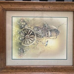 Framed Mailbox Wagon Wheel & Bird Art Print in Brown and Cream